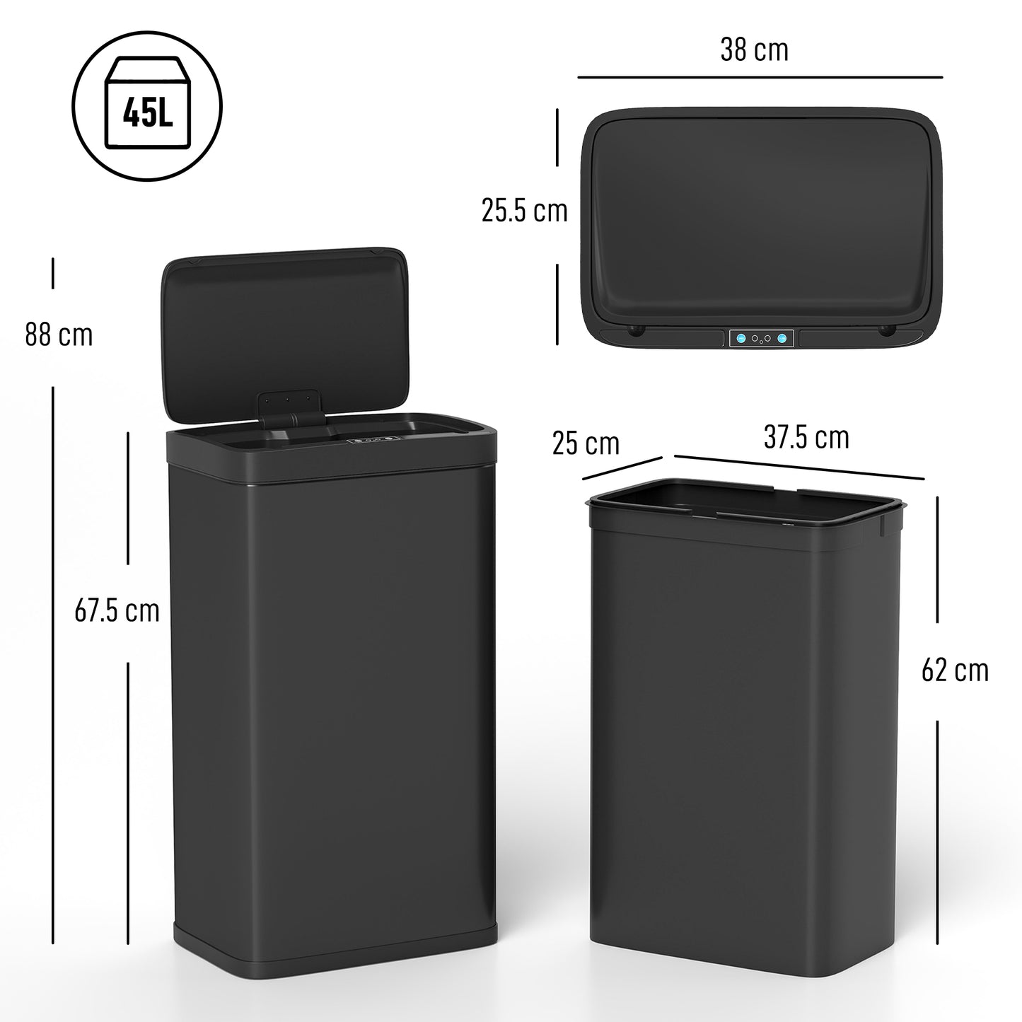 45L Kitchen Sensor Bin - Black