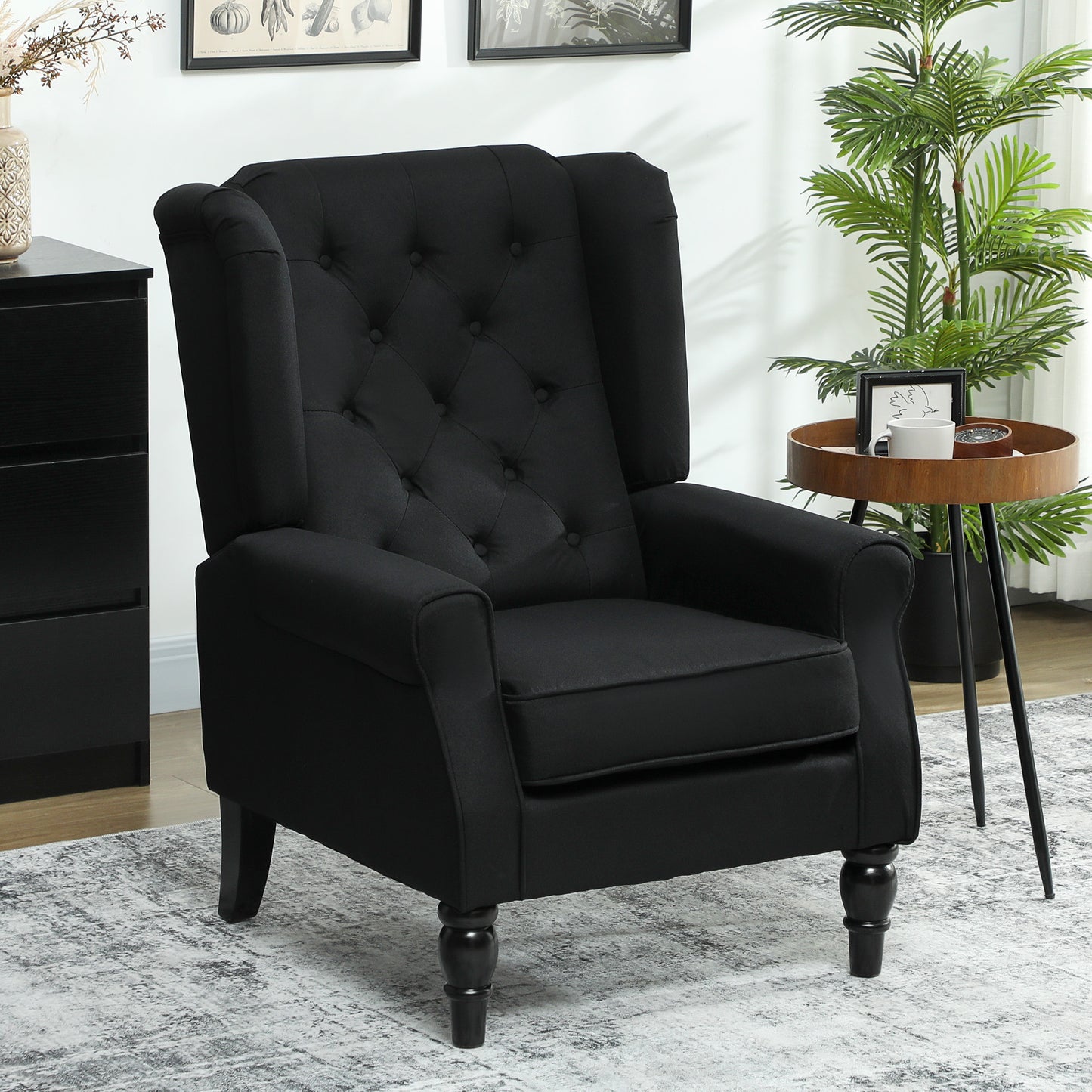 Wingback Accent Chair, Faux Linen Armchair with Thick Spring Cushion, High Back, Solid Wood Legs