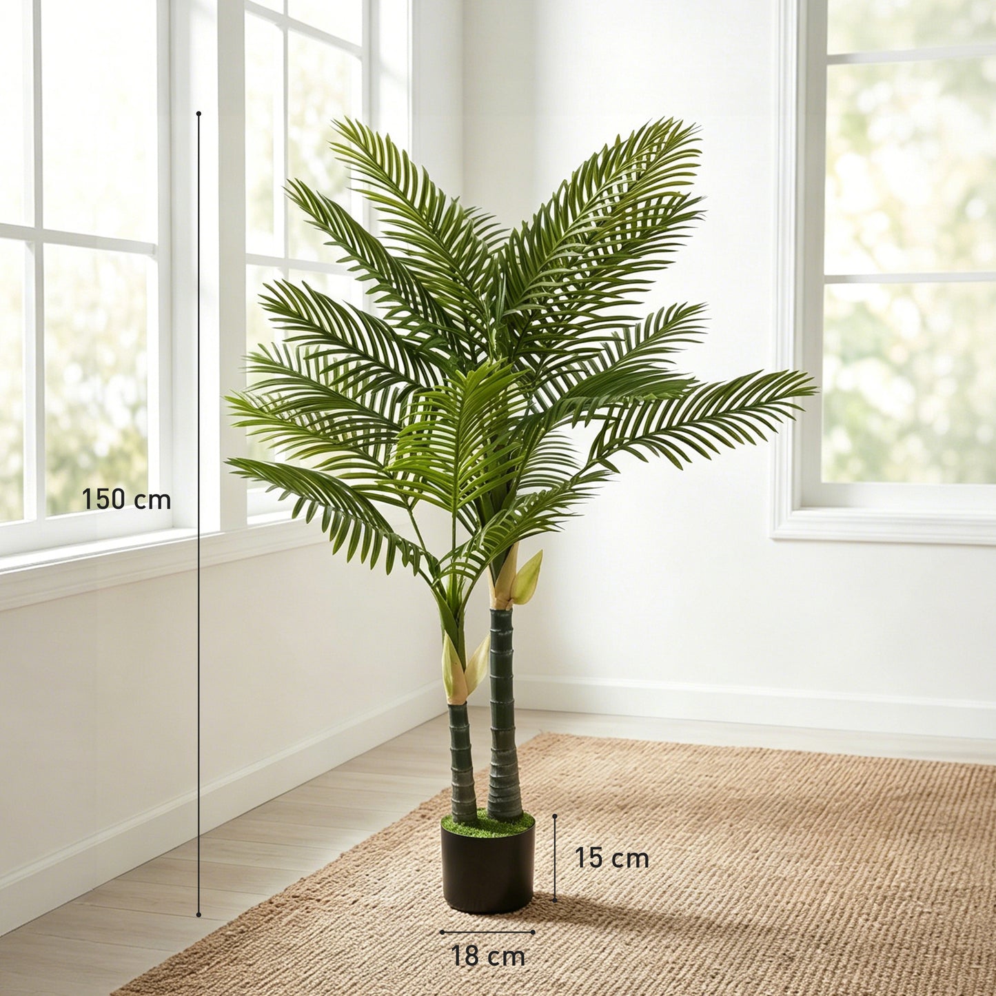 Artificial Palm Tree with 16 PEVA Leaves, 150cm Decorative Artificial Plant with Pot and Moss Effect, Green