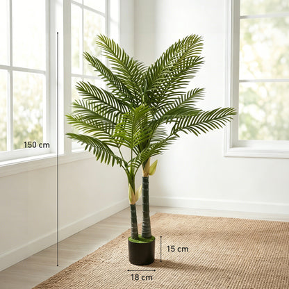 Artificial Palm Tree with 16 PEVA Leaves, 150cm Decorative Artificial Plant with Pot and Moss Effect, Green