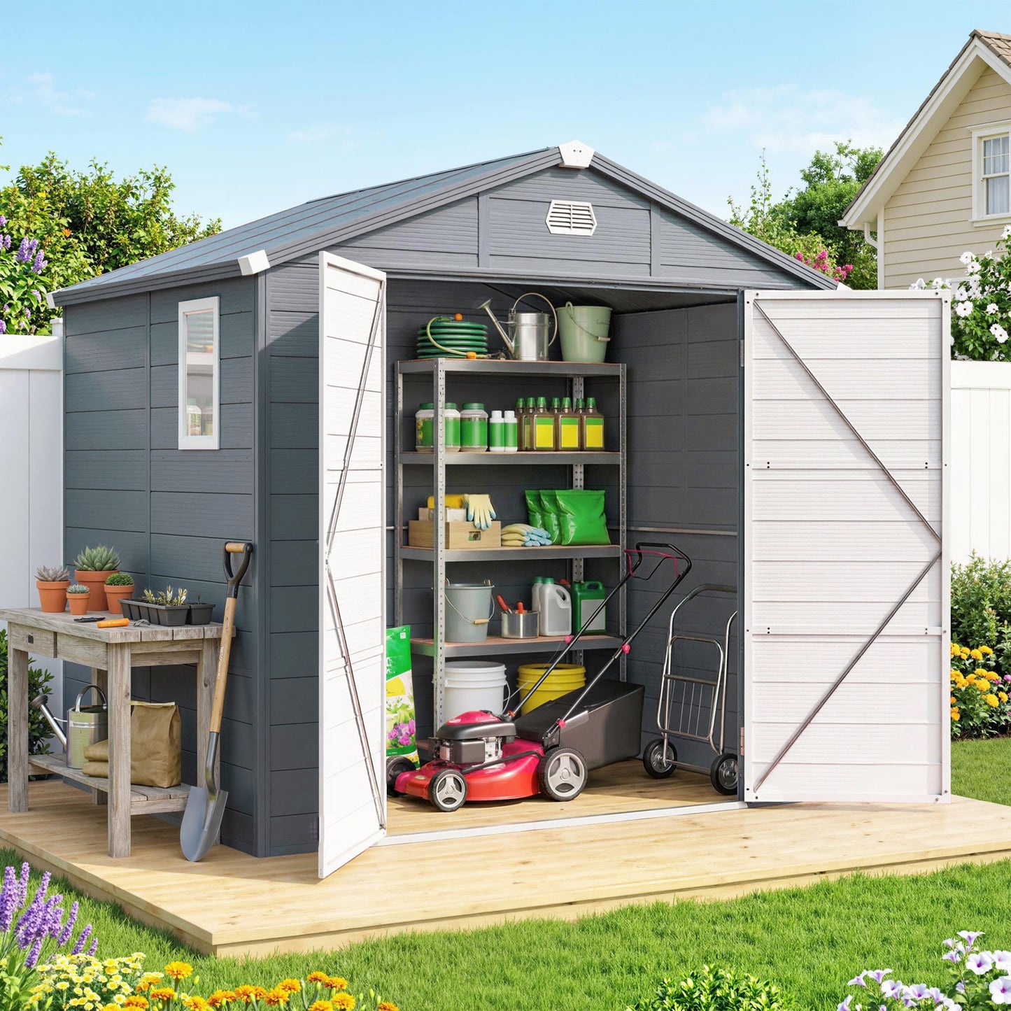 7.9ft x 6.2ft Aluminium Frame and Plastic Wall Shed, with Foundation - Grey