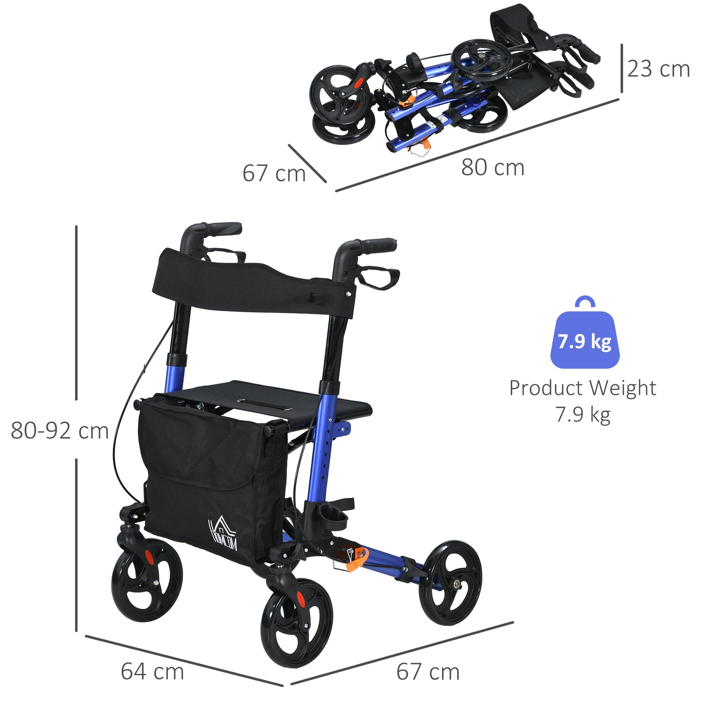 Portable Rollator Walker with 6 Adjustable Height and Dual Brakes for travel and Dailt Use, Blue