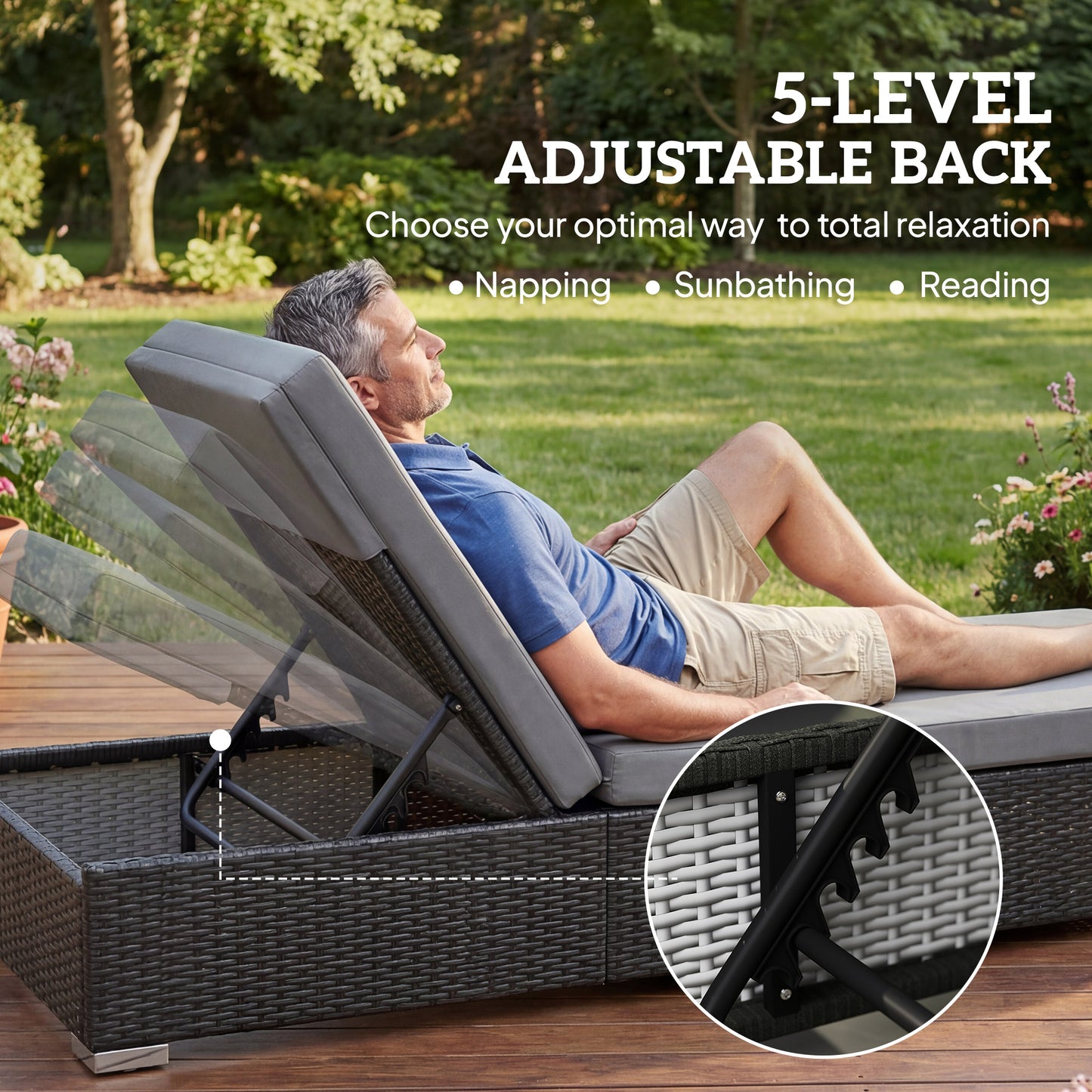 Rattan Sun Loungers Set of 2 with Side Table, Garden Recliner Sunbeds with Adjustable Back, Cushions, Dark Grey