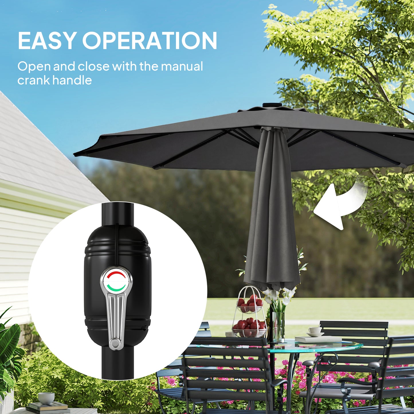 2.6 m Garden Parasol Umbrella with LED Solar Light, Parasol Cover, Outdoor Market Patio Umbrella, Black