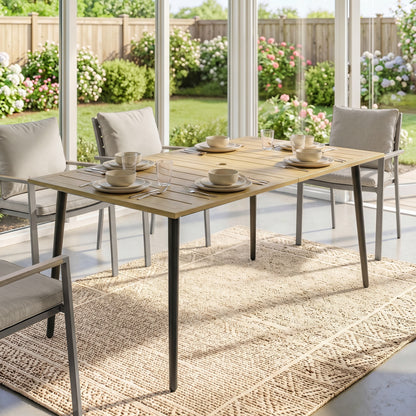 Garden Dining Table, 150 x 90 cm Rectangle Outdoor Table with 5 cm Parasol Hole