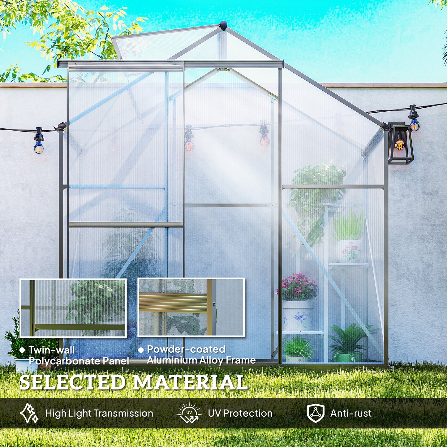 6 x 2.5ft Polycarbonate Greenhouse Walk-In Green House with Rain Gutter, Sliding Door, Window, Foundation, Dark Grey