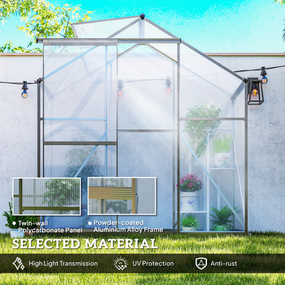 6 x 2.5ft Polycarbonate Greenhouse Walk-In Green House with Rain Gutter, Sliding Door, Window, Foundation, Dark Grey