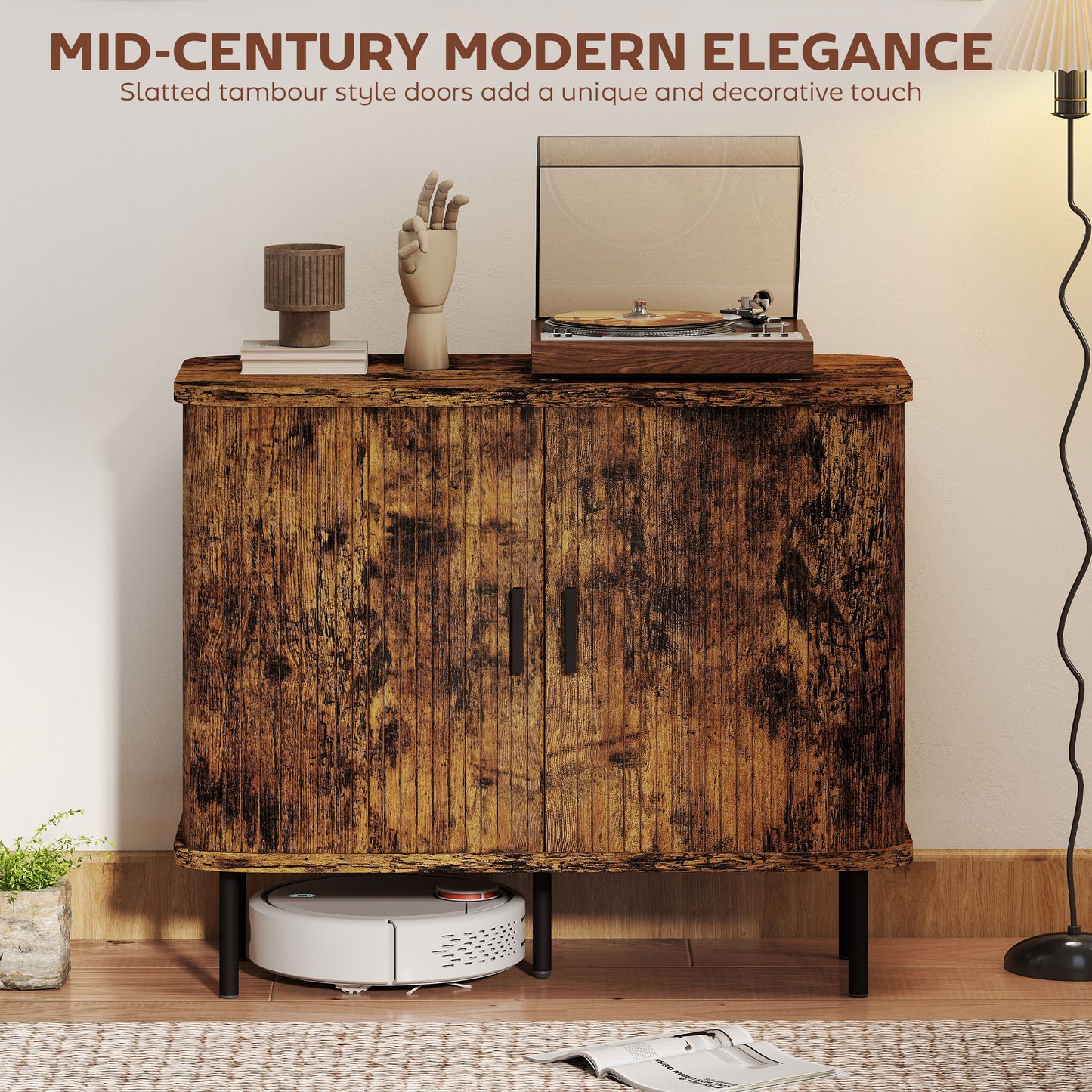 Mid-Century Modern Sideboard Storage Cabinet with Slatted Tambour Sliding Doors, Kitchen Cabinet with Steel Legs