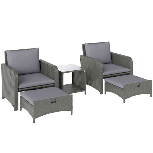 Five Piece Rattan Garden Furniture Set with 2-Tier Coffee Table and Ottomans - Grey