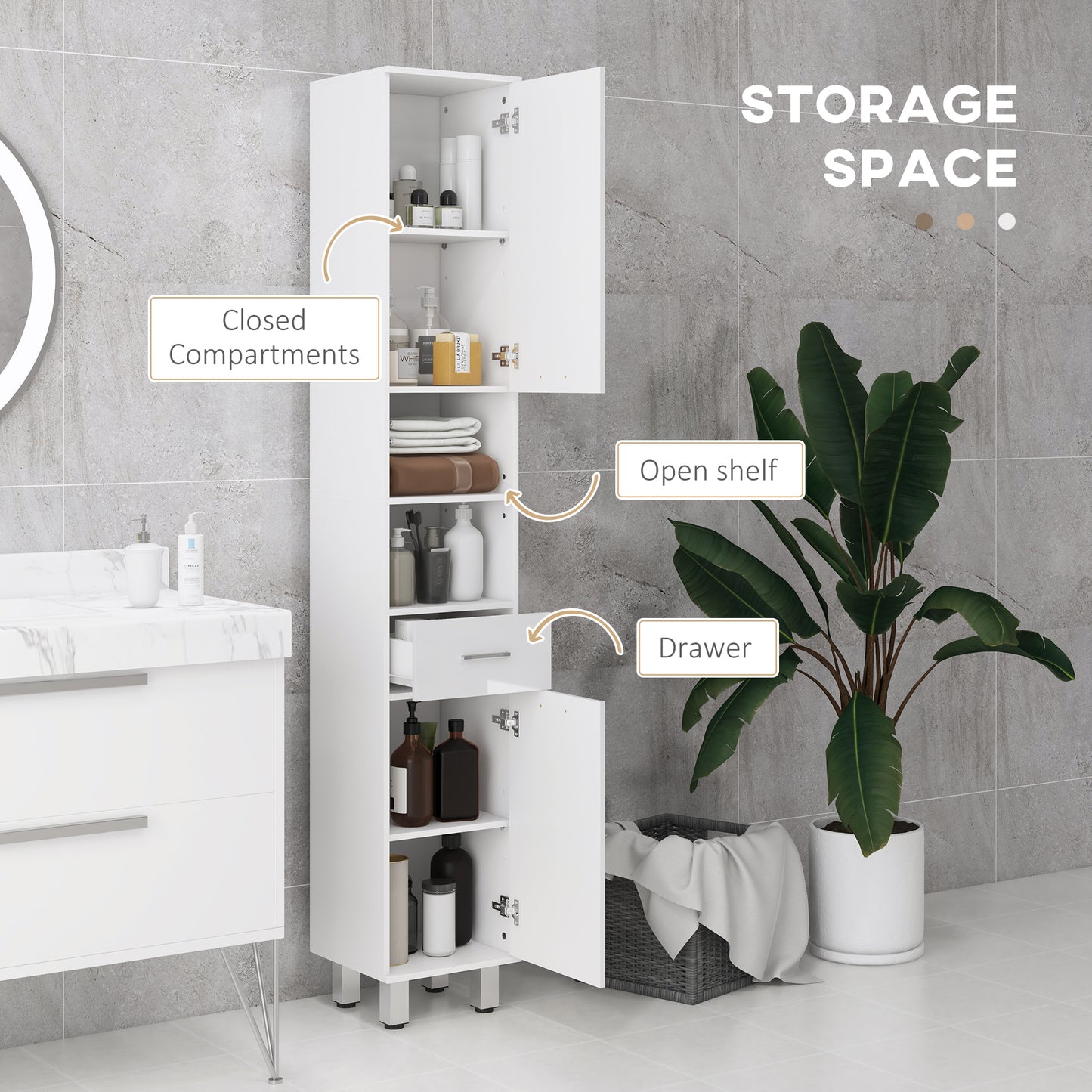 71" Tall Slim Bathroom Storage Cabinet, Narrow Cupboard with Drawer, Open Shelves, 2 Doors, White and High Gloss White