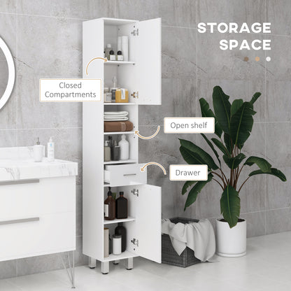 71" Tall Slim Bathroom Storage Cabinet, Narrow Cupboard with Drawer, Open Shelves, 2 Doors, White and High Gloss White