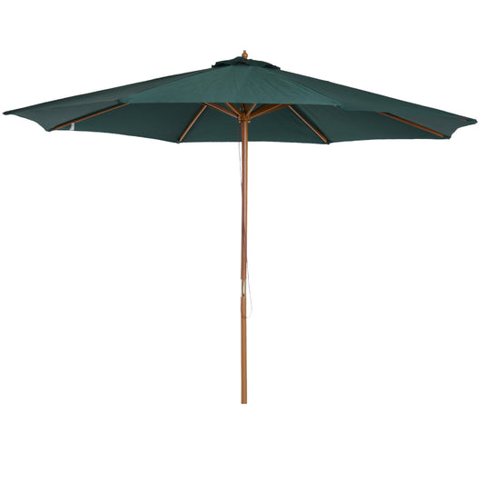 3(m) Wooden Patio Umbrella, Pulley Operated Garden Parasol with Rope Pulley Mechanism and 8 Ribs, Dark Green