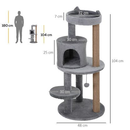 104 cm Cat Tree, Cat Condo Tree Tower, Cat Activity Centre with Scratching Posts, Plush Perches, Hanging Ball - Grey