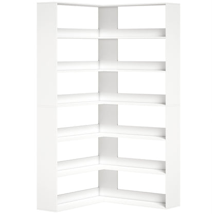 7 Tiers Bookshelf, L-Shaped Corner Bookcase with Anti-Slip Rear Guard, White Wood Effect