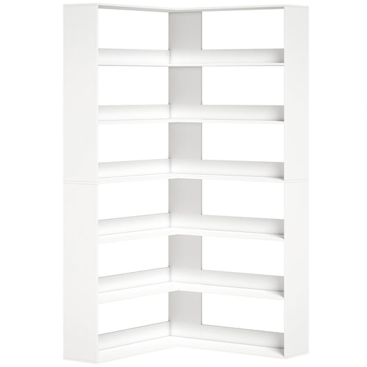 7 Tiers Bookshelf, L-Shaped Corner Bookcase with Anti-Slip Rear Guard, White Wood Effect