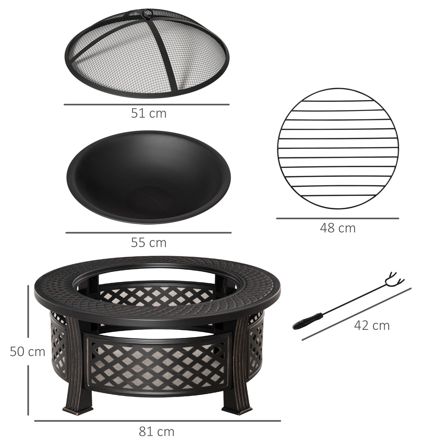 Outdoor Fire Pit, Firepit with Grill Net, Mesh Lid, Poker, for Camping, Bonfire, Picnic, Bronze Tone