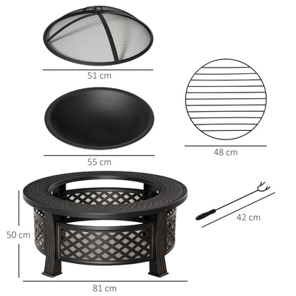 Outdoor Fire Pit, Firepit with Grill Net, Mesh Lid, Poker, for Camping, Bonfire, Picnic, Bronze Tone