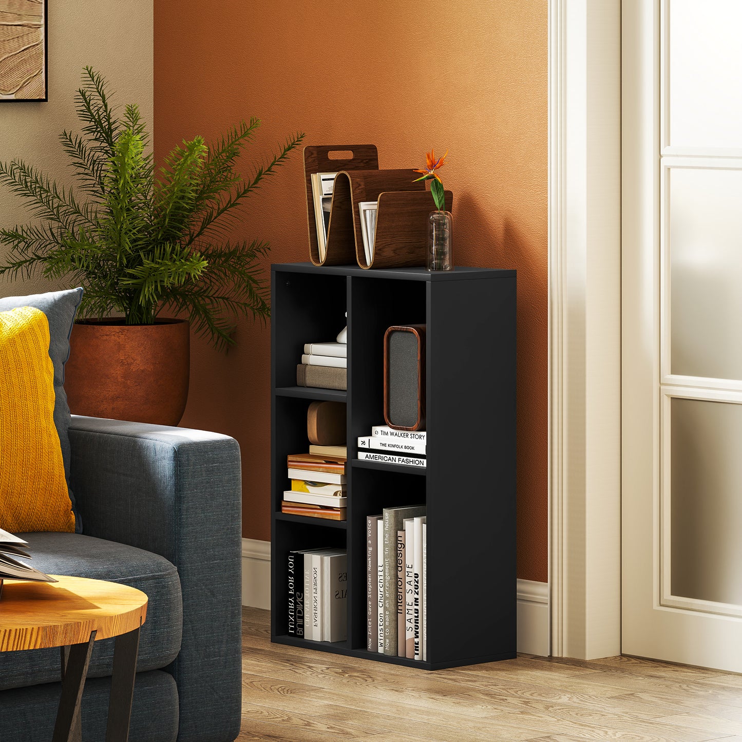 2-Tier Bookshelf with 5 Compartments - Black