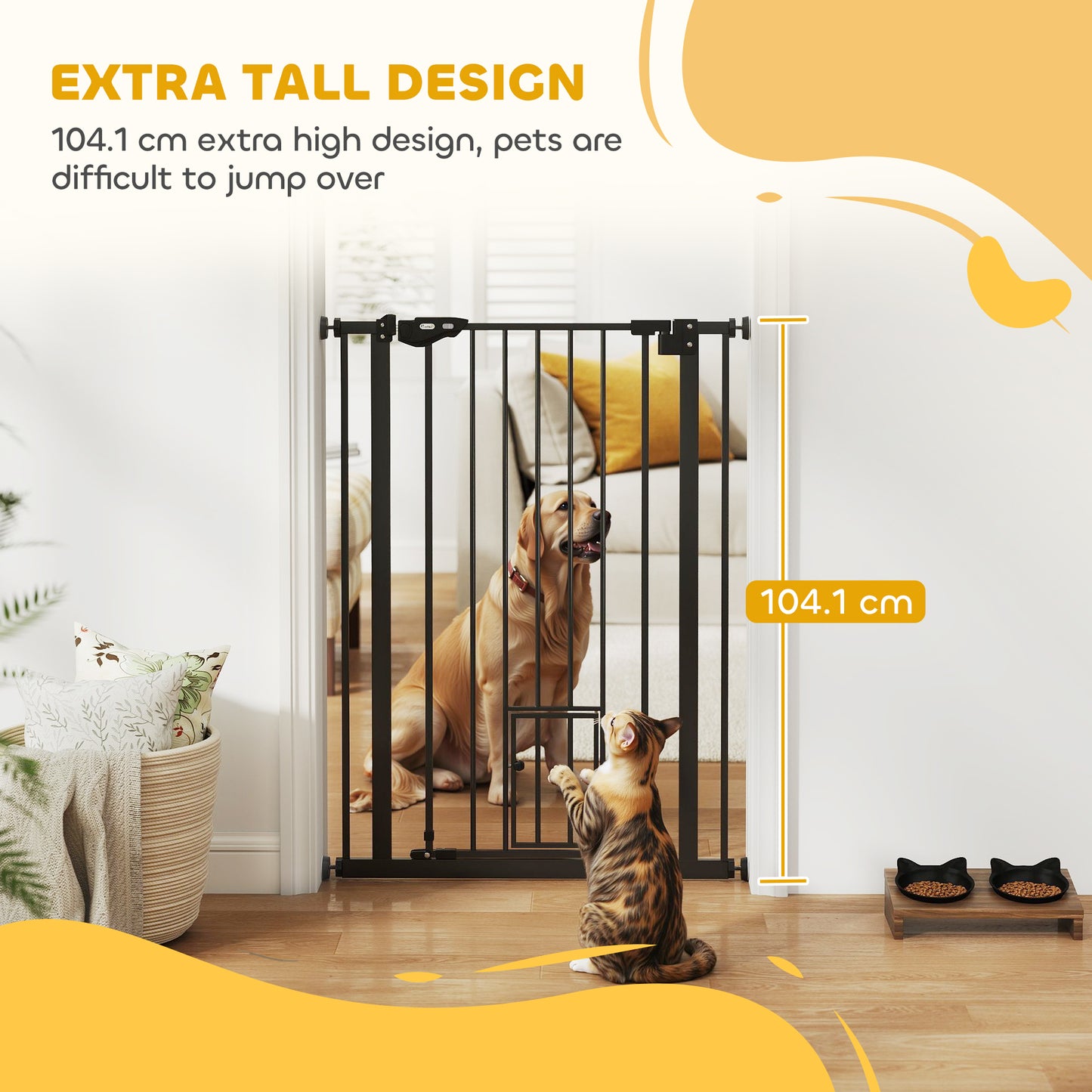 Extra Tall Pet Gate, Indoor Dog Safety Gate, with Cat Flap, Auto Close, 74-80cm Wide - Black