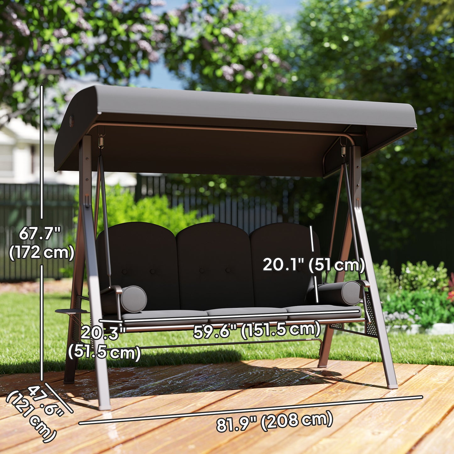 3 Seater Garden Swing Chair Outdoor Hammock Bench w/ Adjustable Canopy, Cushions and Cup Trays, Brown Steel Frame