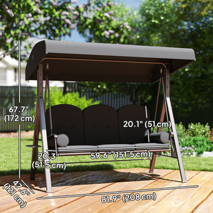 3 Seater Garden Swing Chair Outdoor Hammock Bench w/ Adjustable Canopy, Cushions and Cup Trays, Brown Steel Frame