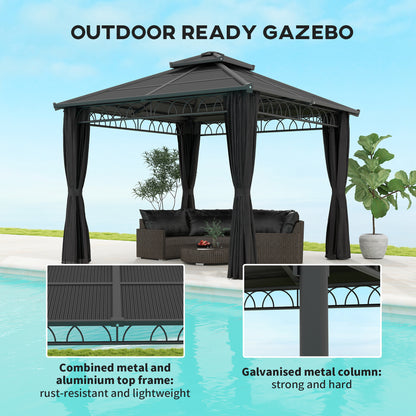 3 x 3 (m) Outdoor Polycarbonate Gazebo, Double Roof Hard Top Gazebo with Galvanised Steel Frame