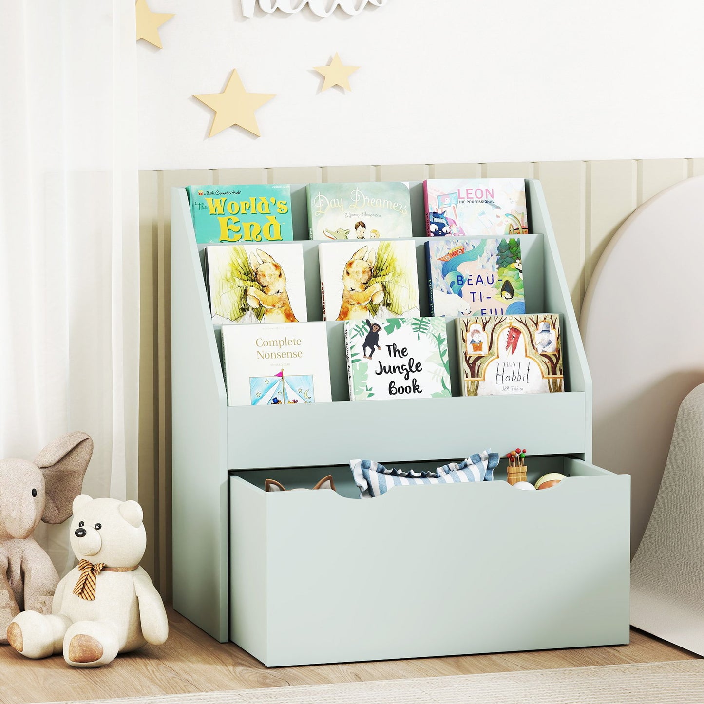 Bookcase for Kids with Shelves, Drawer, Bookcase for Bedroom, Playroom, Green