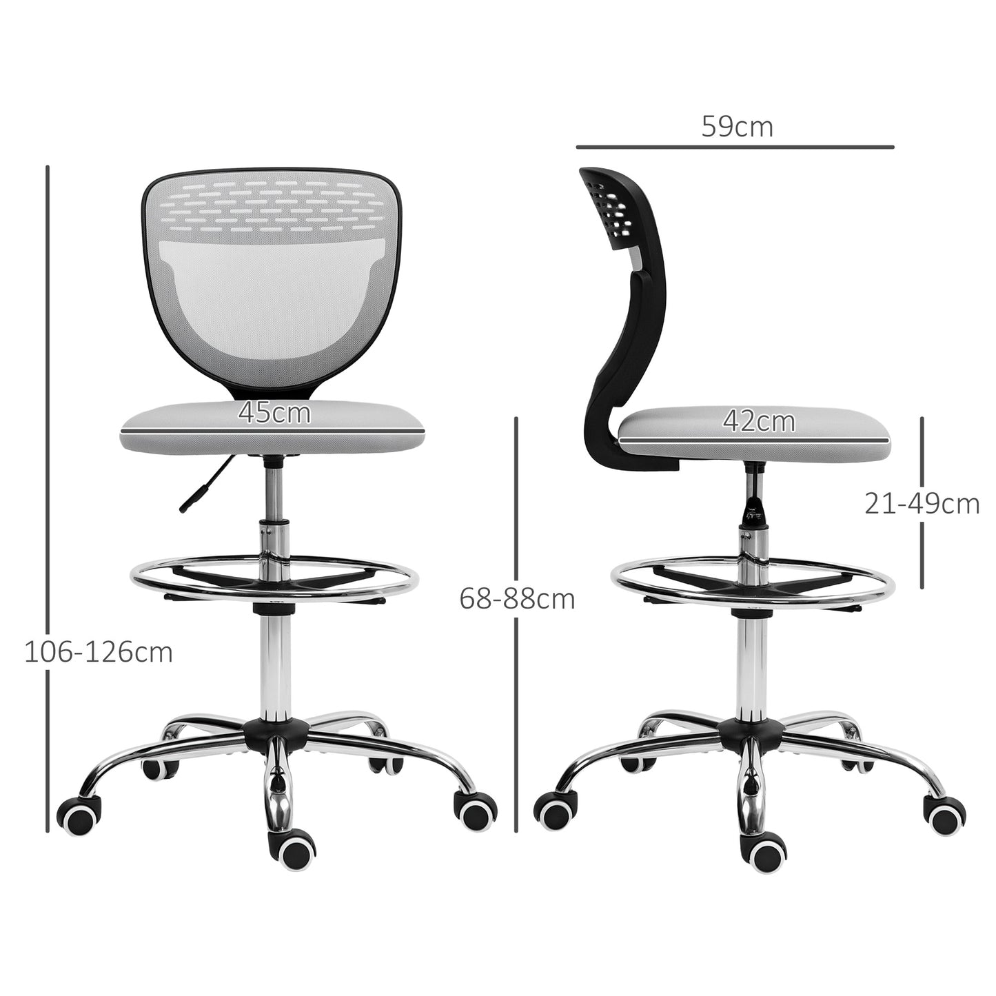68-88cm Draughtsman Office Chair, with Wheels - Light Grey