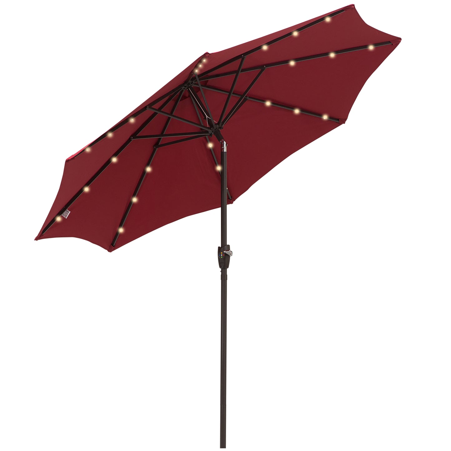 Φ2.7m Garden 24 LED Light Parasol Solar Outdoor Tilt Sun Umbrella Patio Club Party Event Manual Sun Shade w/ Hand Crank and 8