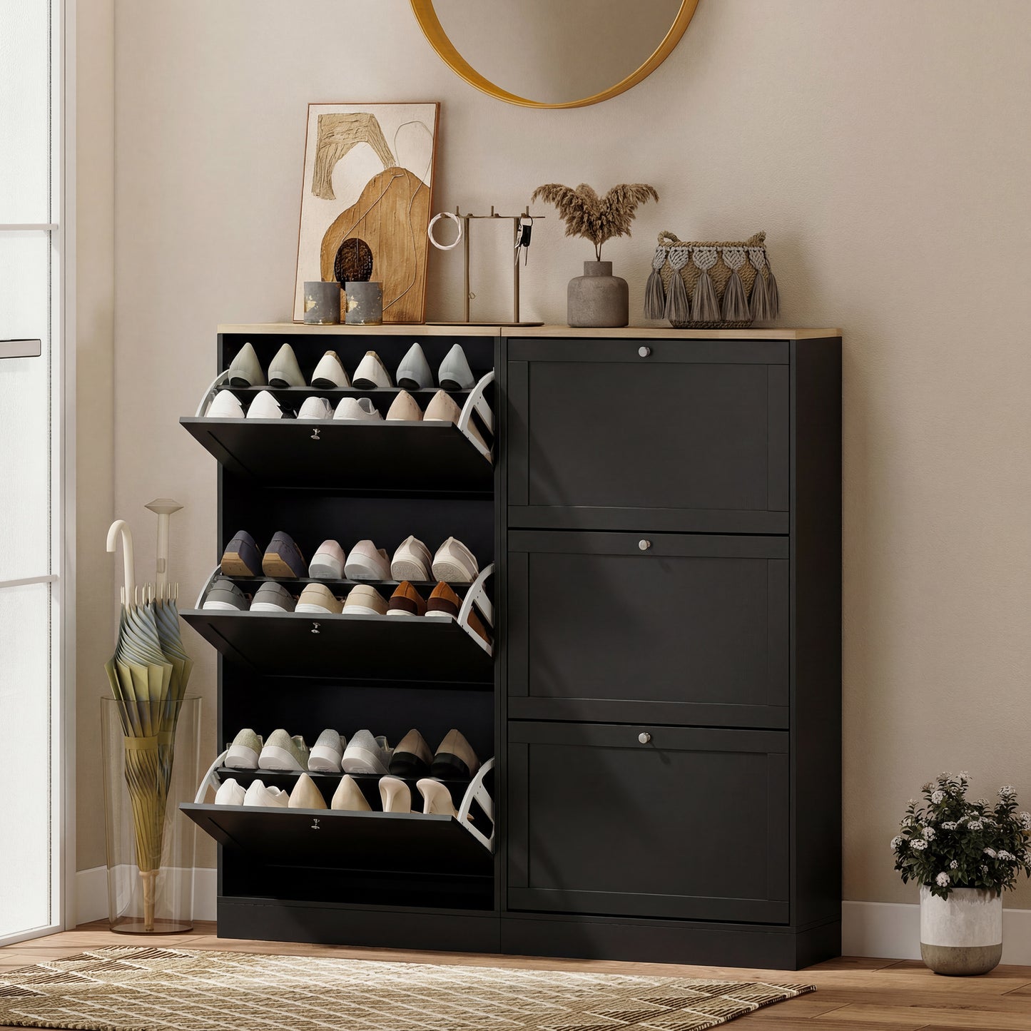 Modern Compact Three-Drawer Shoe Storage Cabinet - Black