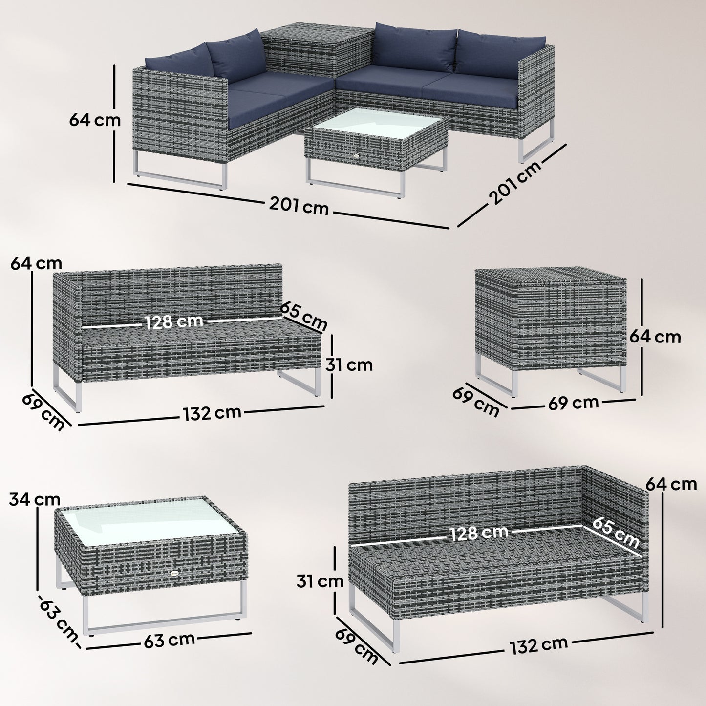 4 Piece Rattan Garden Furniture Set, Outdoor Corner Sofa Set with Storage Table, Loveseats, Cushions - Dark Blue