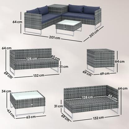4 Piece Rattan Garden Furniture Set, Outdoor Corner Sofa Set with Storage Table, Loveseats, Cushions - Dark Blue