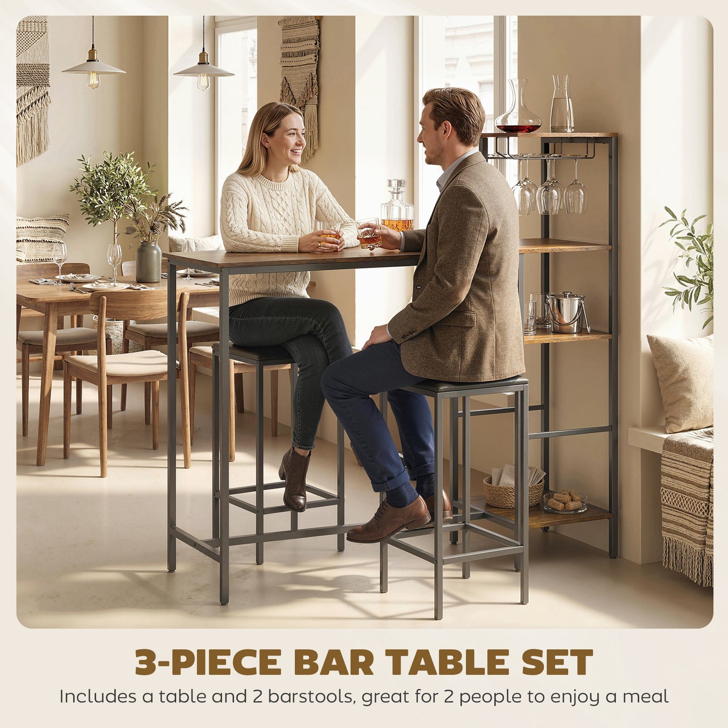 3 Piece Breakfast Bar Table and Stools Set, Rustic Brown
