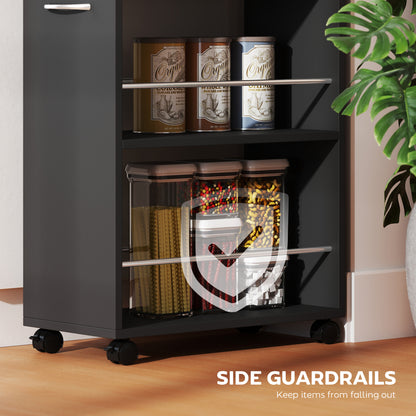 Rolling Storage Unit, 3-Tier Kitchen Cart Trolley with Drawer, Surface Top and 4 Universal Wheels, Black