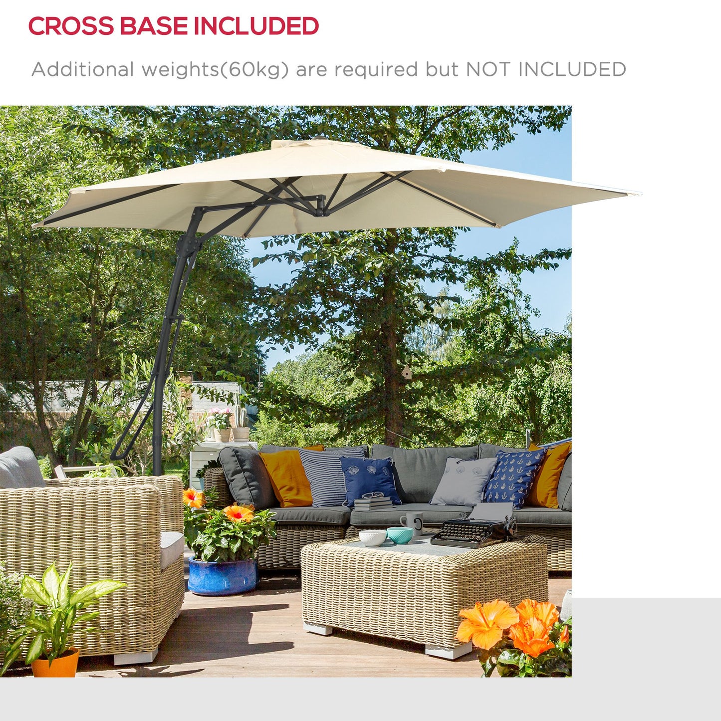 3m Cantilever Parasol with Easy Lever, Patio Umbrella with Crank Handle, Cross Base and 6 Metal Ribs