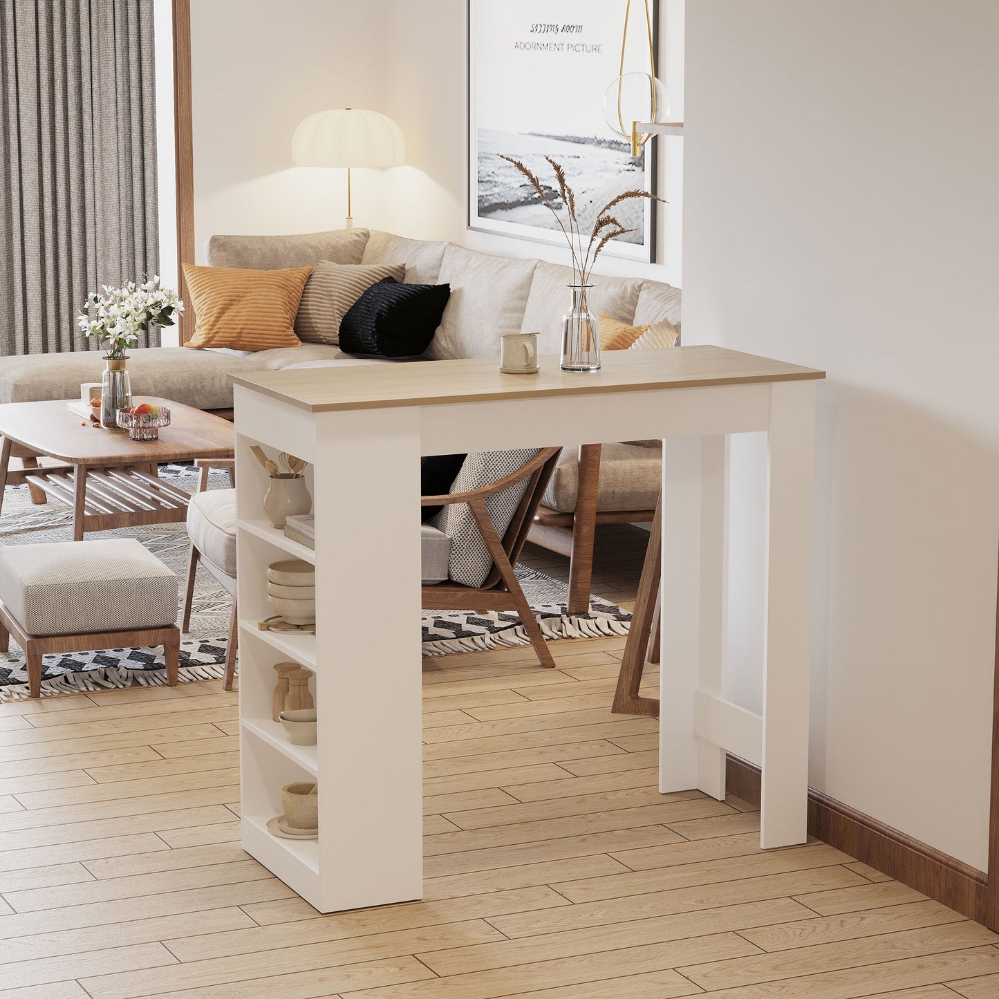 Bar Table, Dining Table with 4-Tier Storage Shelf for Breakfast Bar, Kitchen, Dining Room, Living Room, Natural
