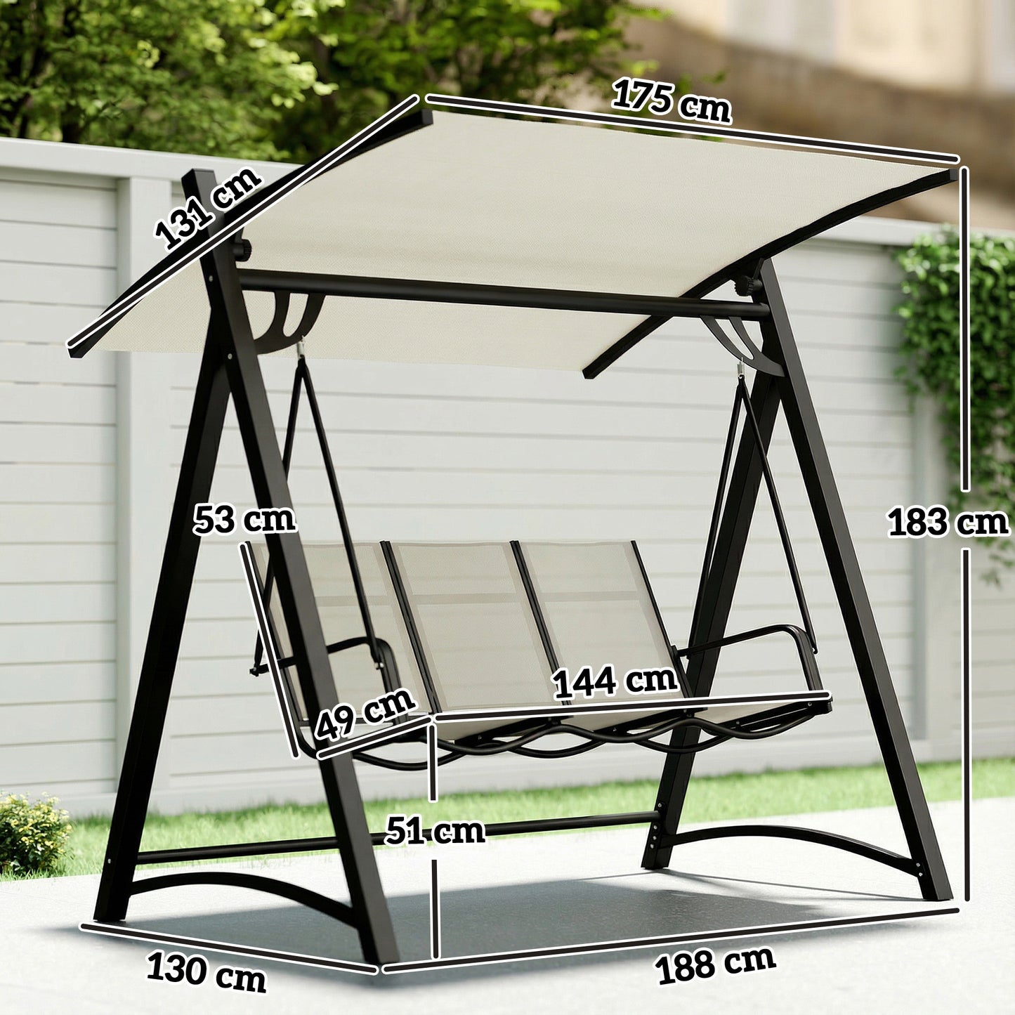 3 Seater Swing Chair, Garden Swing Bench with Adjustable Tilting Canopy, Breathable Mesh Seat 360 kg Capacity, White