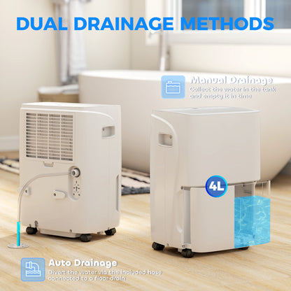 30L/Day Dehumidifier with Auto-Clean Filter, Continuous Drainage, 4L Water Tank, 24H Timer, Digital Humidity Display