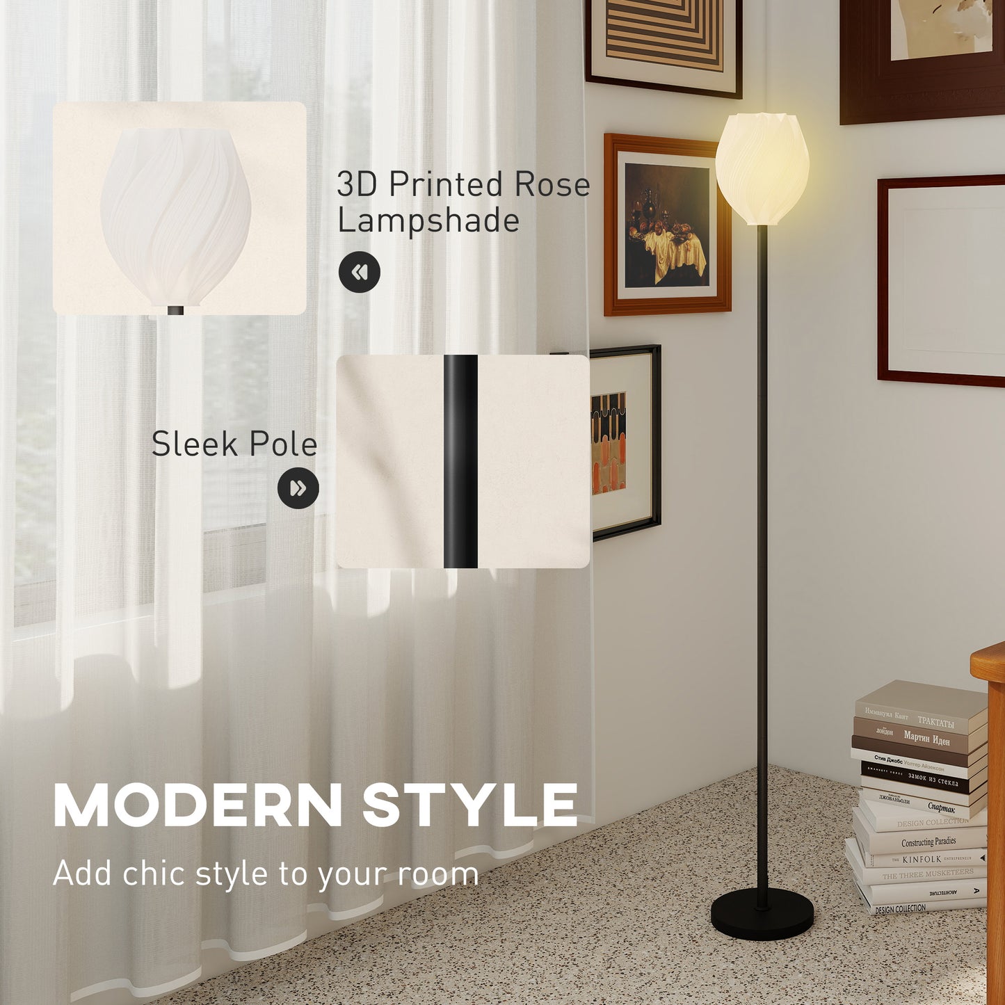 Flower Floor Lamp for Living Room, 3D Printed Modern Standing Lamp with Rose Shade & Foot Switch