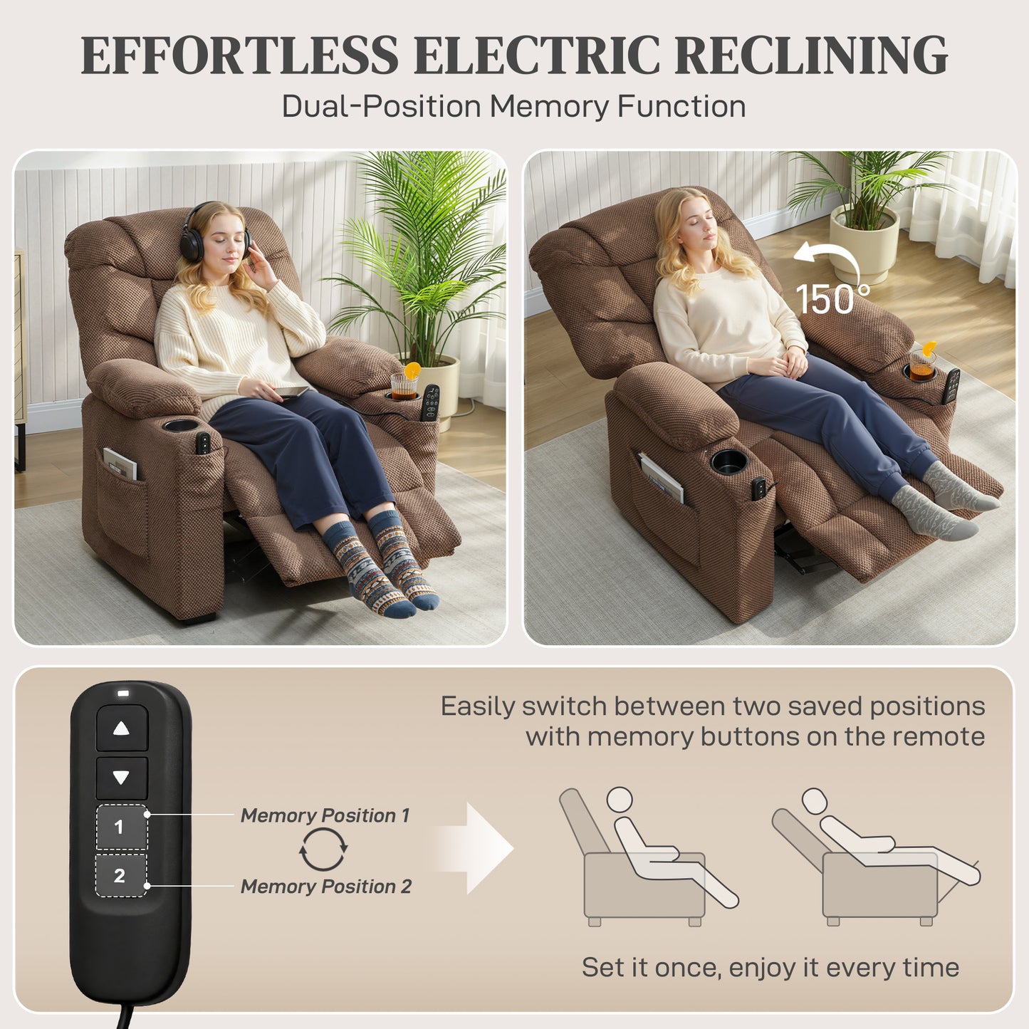 Electric Massage Recliner Armchair with Vibration, Heat, Whisper-Quiet Motor, Memory Function