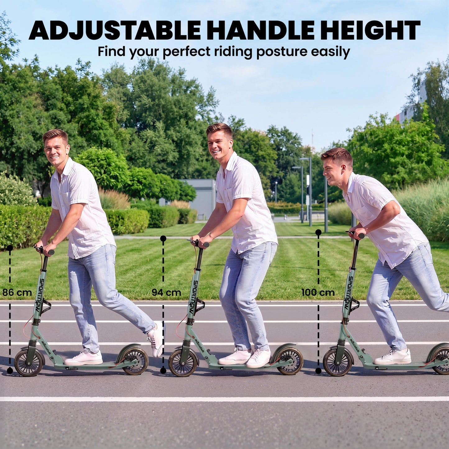 Foldable Kick Scooter with Height Adjustable Handlebar, One-click Folding Adult Scooters with 200 mm Big Wheels, Silver Tone