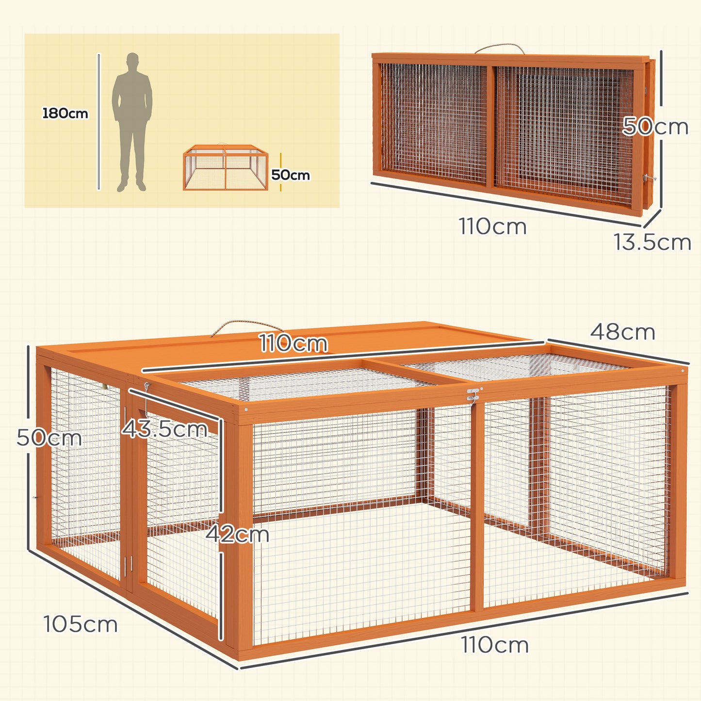 Wooden Folding Rabbit Hutch, for 2-3 Rabbits - Orange