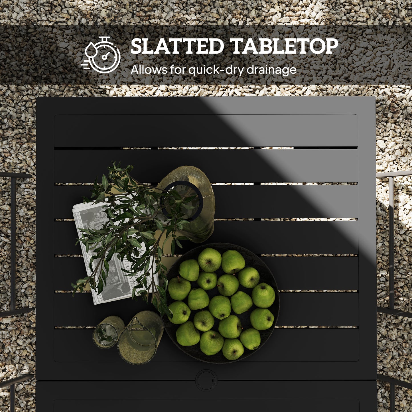 Garden Dining Table for 6 with Parasol Hole, Rectangle Outdoor Garden Table with Slatted Metal Top, Steel Frame, Black