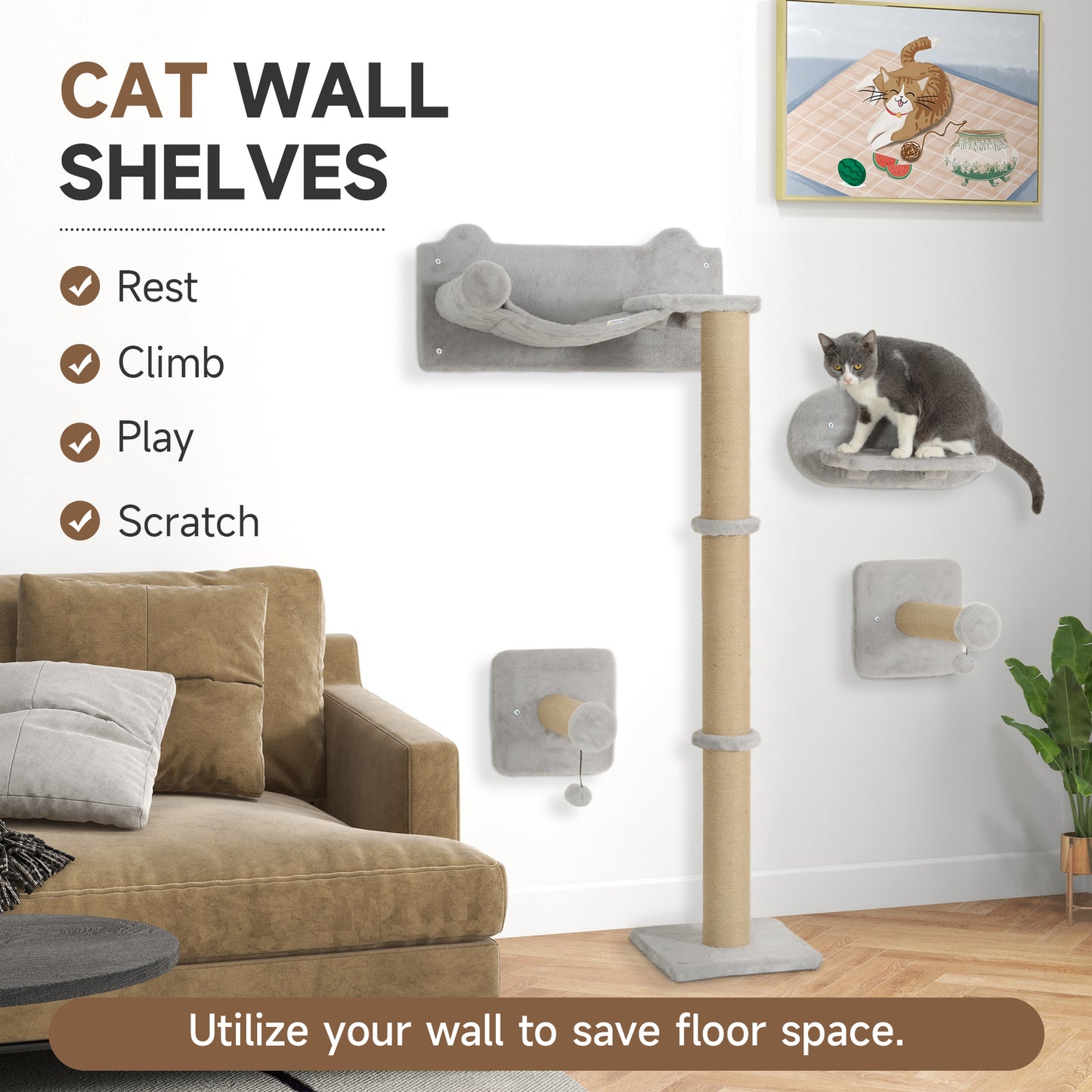 4-Piece Cat Shelves w/ Scratching Post, Steps, Jumping Platform, Ladder, Toy Balls, for Indoor Cats, Light Grey