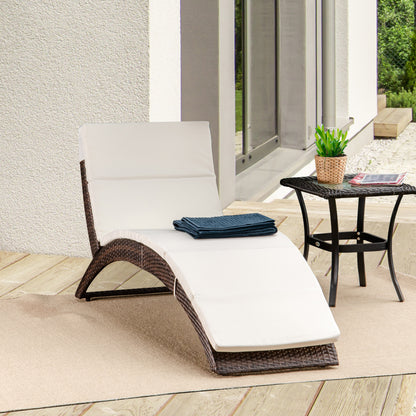 Folding Sun Lounger, PE Rattan Garden Lounger Chair with Soft Padded Cushion, Ergonomic Curved Design Sun Bed for Balcony