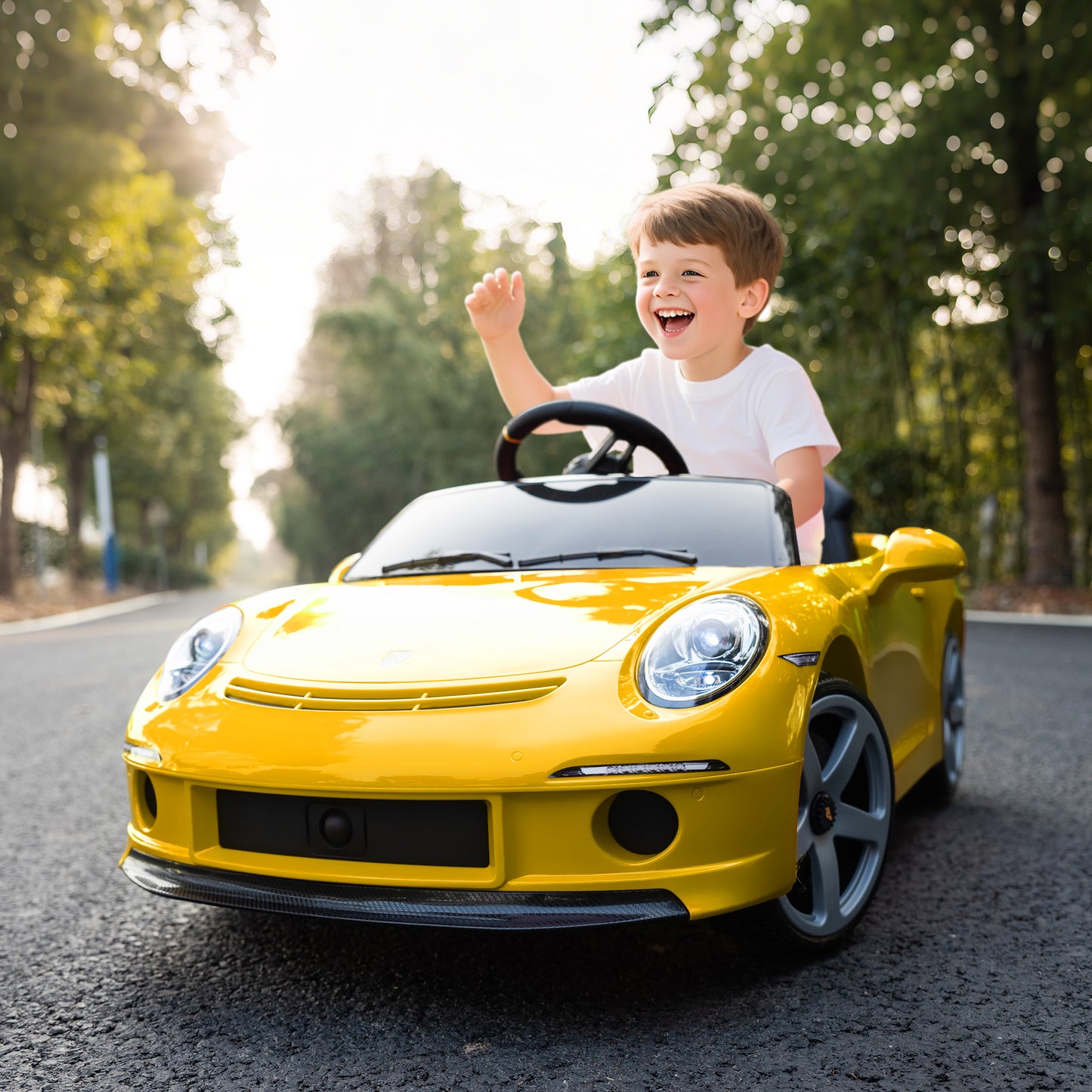 Kids Electric Car, 12V Licensed RUF GT Ride on Car with Suspension, Remote Control, Music for 3-5 Years Yellow