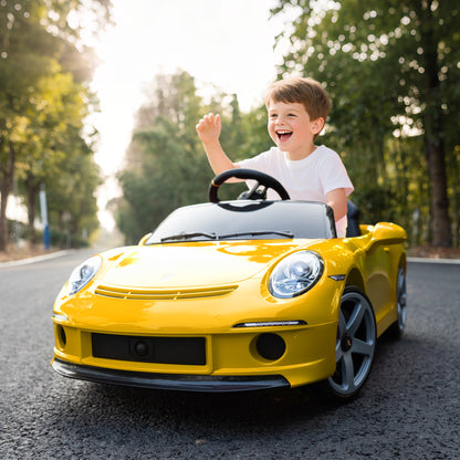 Kids Electric Car, 12V Licensed RUF GT Ride on Car with Suspension, Remote Control, Music for 3-5 Years Yellow