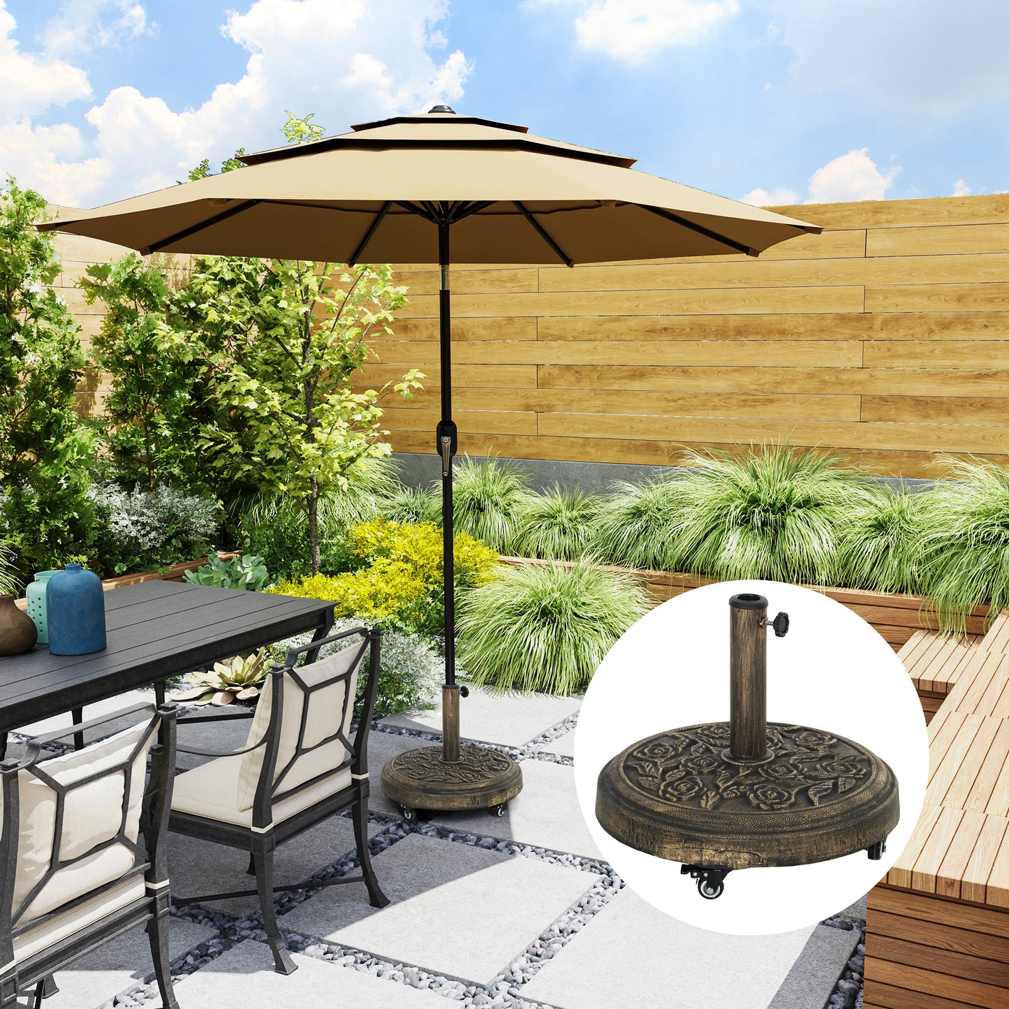 Parasol Base, Umbrella Base with Wheels Cast Iron Effect, for Umbrella, Canopy, Weather Resistant, Bronze Tone