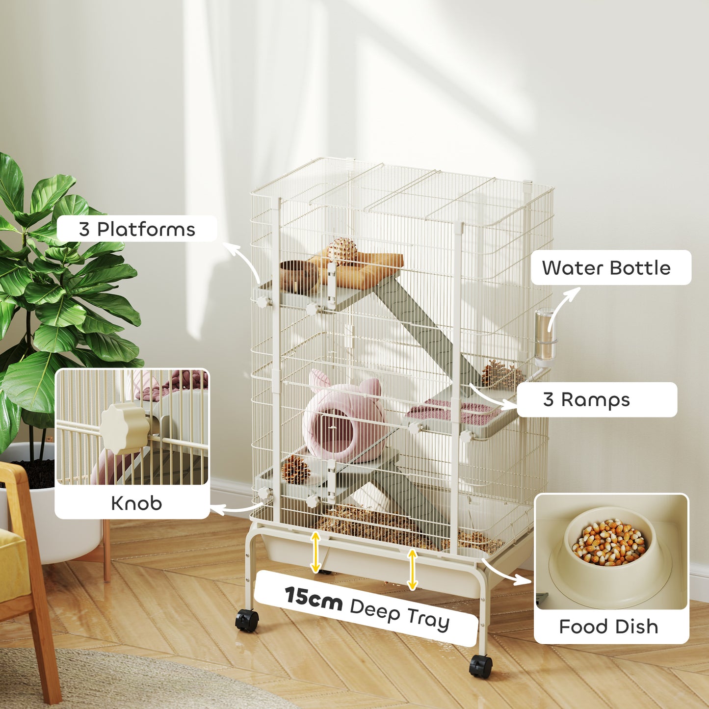 4-Level Rolling Small Animal Cage, Rabbit Cage with 3 Ramps, Water Bottle, Food Dish, 15cm Deep Tray, Beige