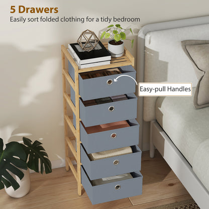 Chest of Drawers, 5 Fabric Drawers Narrow Dresser with Bamboo Frame, Light Grey